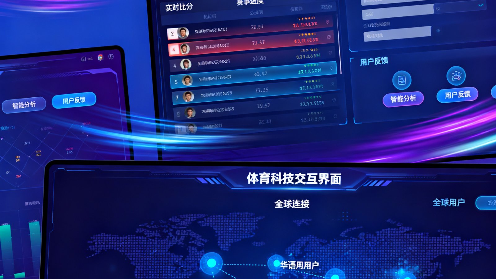华体会HTH品牌旗舰平台展示数字化体育生态网络，包含实时赛事数据大屏、体育科技交互界面以及全球华语用户连接节点示意图