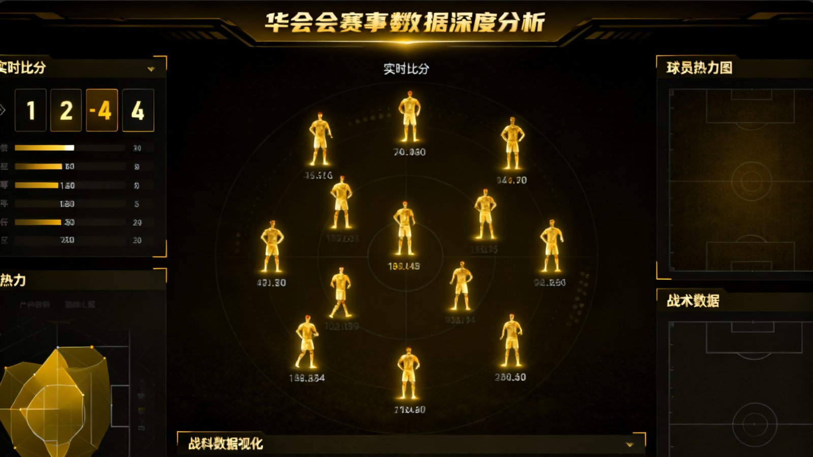 华体会赛事数据深度分析仪表盘，展示实时比分、球员热力图和战术数据可视化面板，界面采用深色主题配金色数据高亮
